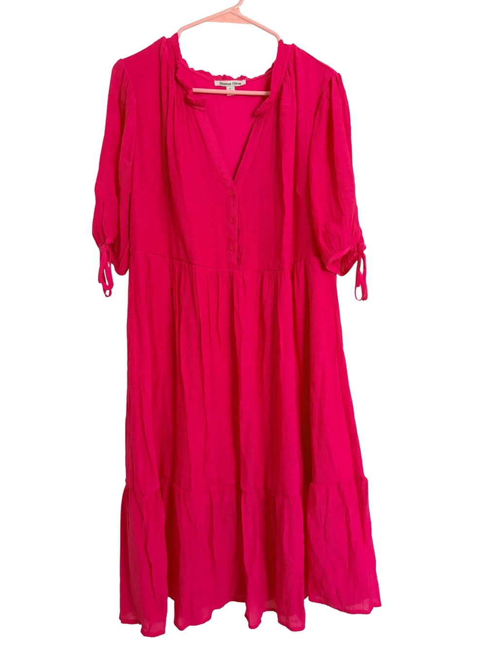 Marissa Olivia Dress Womens Large Hot Pink Tiered Midi V-Neck Lined Slip